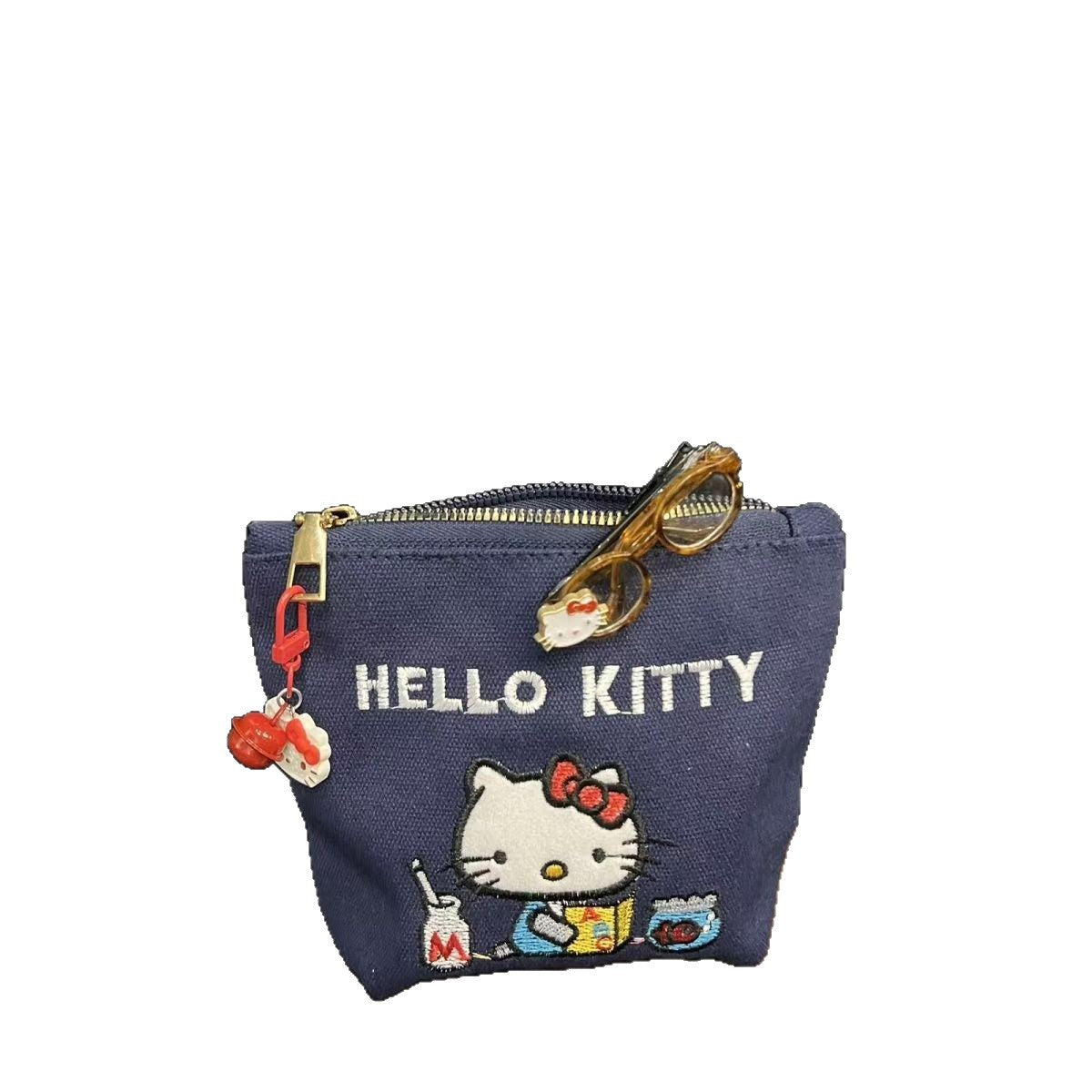 Sanrio Cat Embroidered Canvas Women's Storage Bag with Bones Pendant Zipper Cute Cartoon Design Daily Practical
