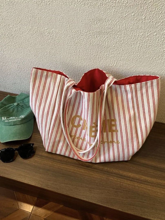 Stylish Striped Tote Bag 2025 Spring Fashion Canvas Shoulder Bag with Gold Lettering and Spacious Design for Daily Use