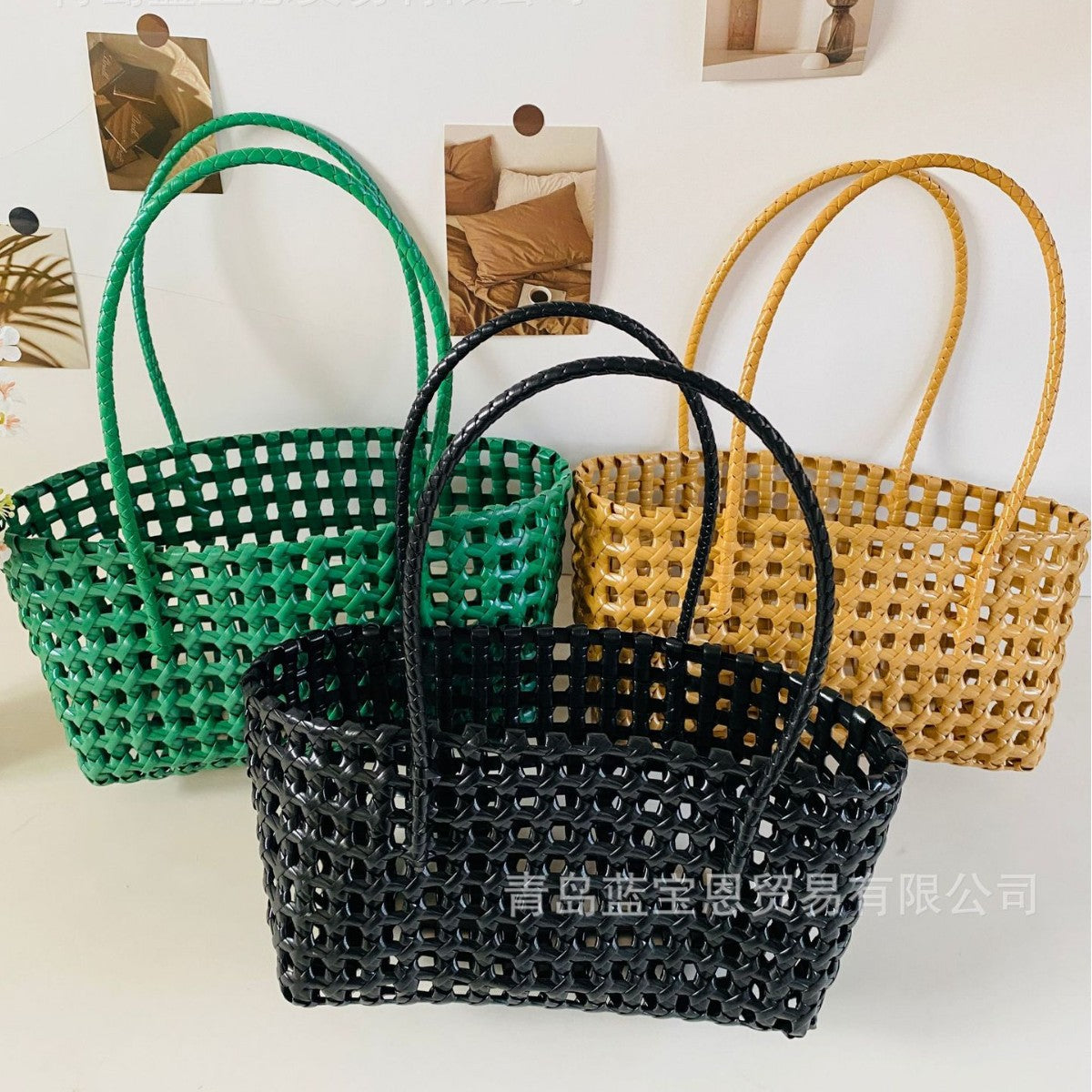 Handbag Weaving Hollow Vegetable Basket Bag PVC Commuter Tote Straw Bag