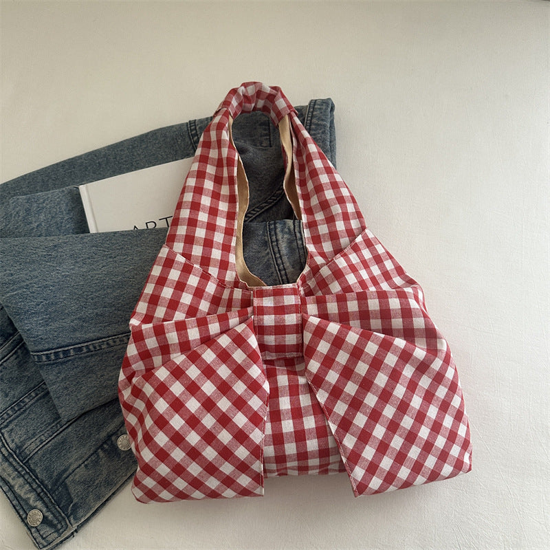 Vest Bag Women's Summer Korean Style Retro Plaid Large Capacity Light Shopping Versatile Canvas Bag Student