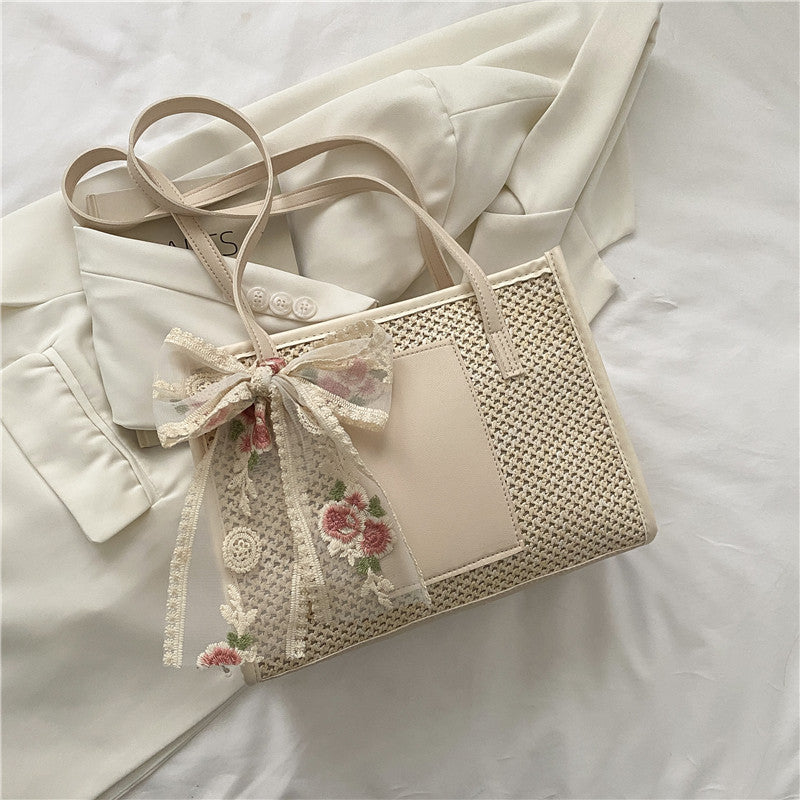 Woven Tote Bag Women's Spring Fashion Embroidered Flower Bow Tie Large Capacity Retro Style Handbag