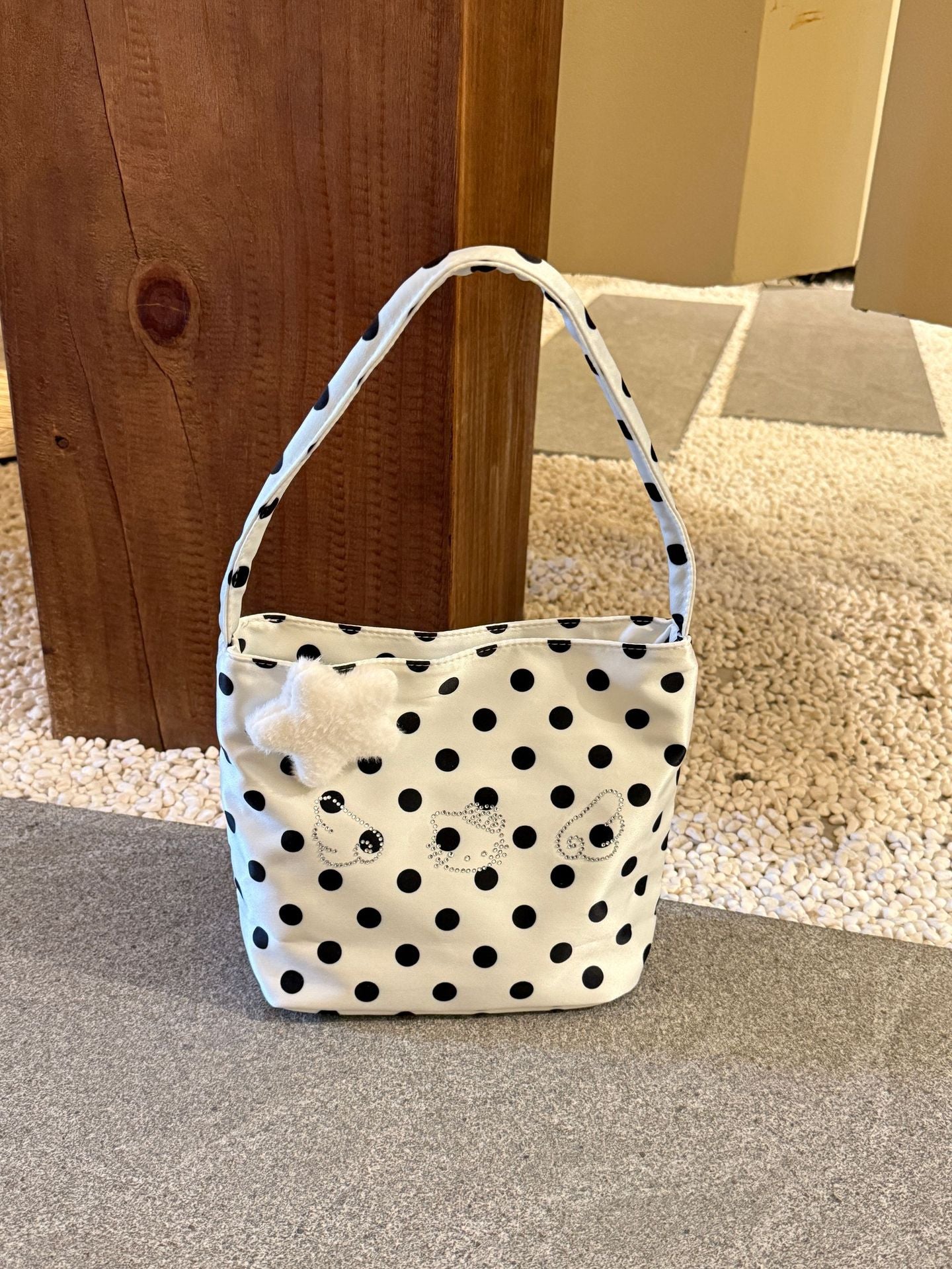 Cute Polka Dot Kitty Shoulder Bag with Rhinestone Details and Fluffy Charm for Daily Fashion