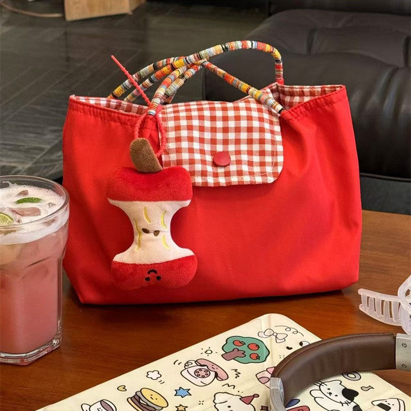 New Korean Style Large Capacity Red Shoulder Portable Checked Canvas Bag Versatile Student Commute Leisure Tote Bag for Women