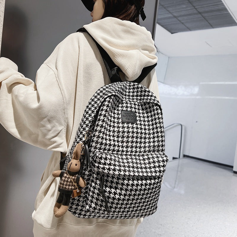 Stylish Houndstooth Backpack for Women - Lightweight, Durable & Spacious Design with Cute Rabbit Charm
