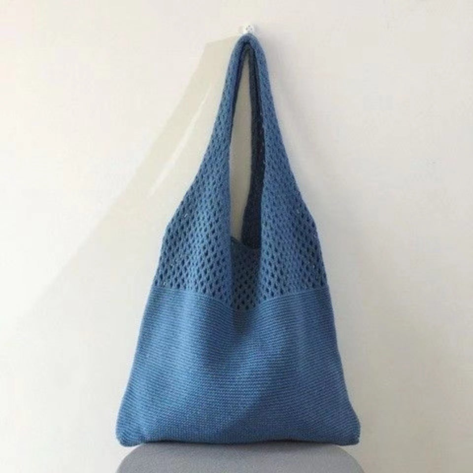 Tote Bag Women's New Korean Knitted Solid Color Shoulder Hollow Large-Capacity Crossbody Bag