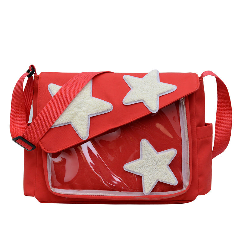 Trendy Star-Embellished Crossbody Bag 2024 Spring New Style Casual Chic Shoulder Bag with Transparent Panel and Soft Nylon Material