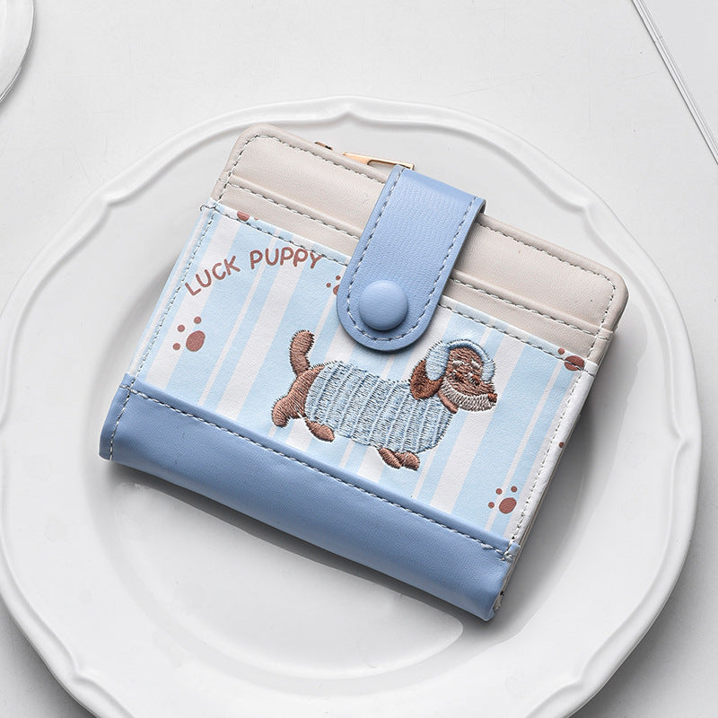 Cute Dachshund Print Wallet with Stripes and Stars, Fashionable Compact Card Holder for Women