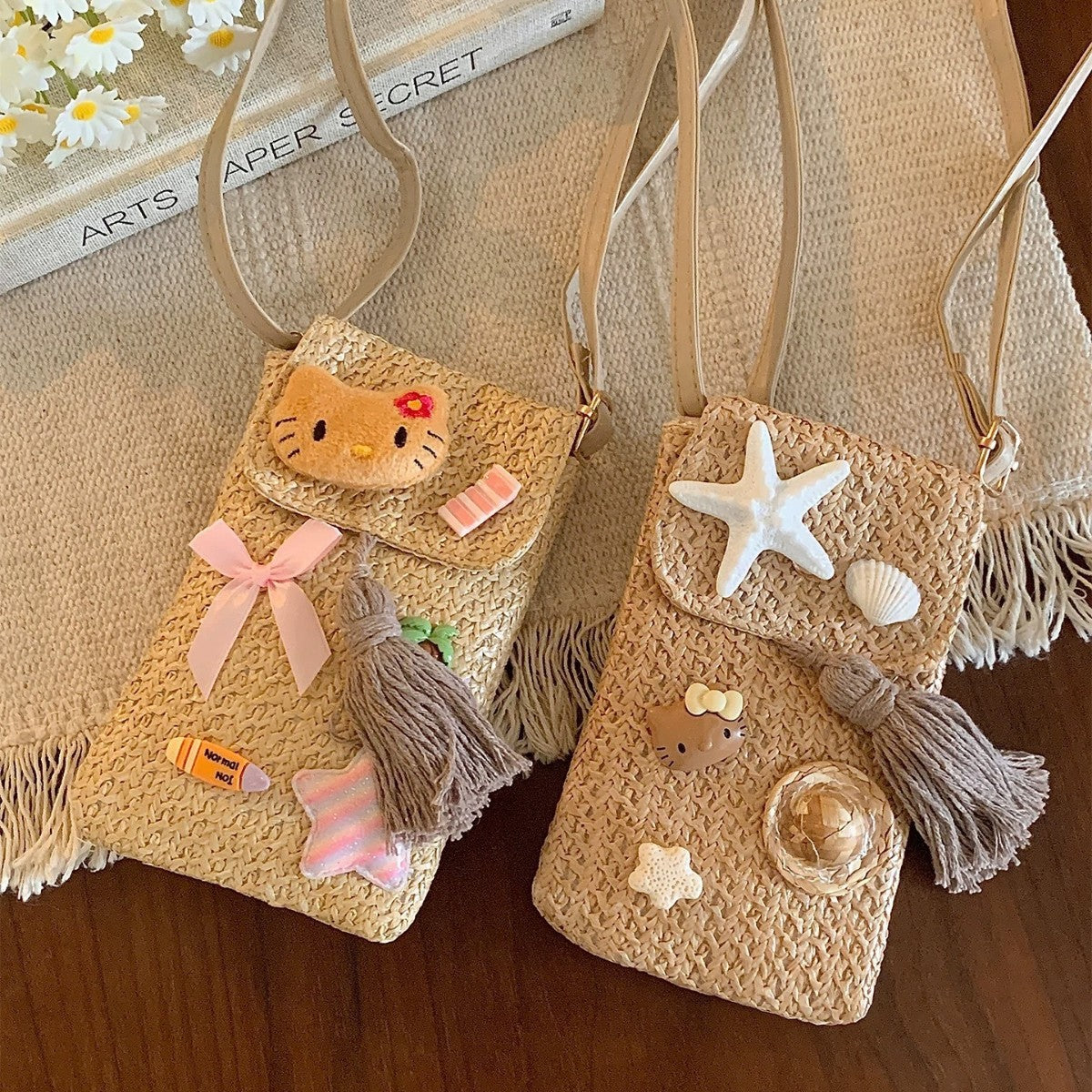 Handmade Crochet Hello Kitty Crossbody Bag for Women, Cute Cartoon Summer Beach Style Phone Pouch with Braided Strap