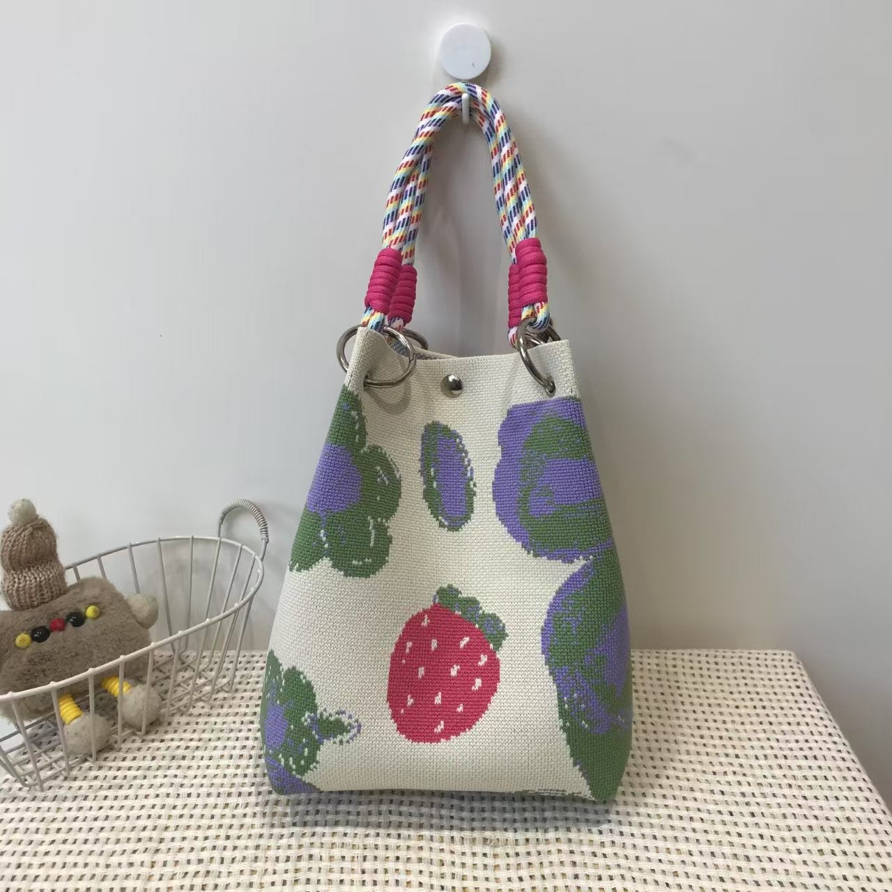Black and White Rhombus Knitted Tote Bag Women's Casual Versatile Large Capacity Messenger Bag Handbag