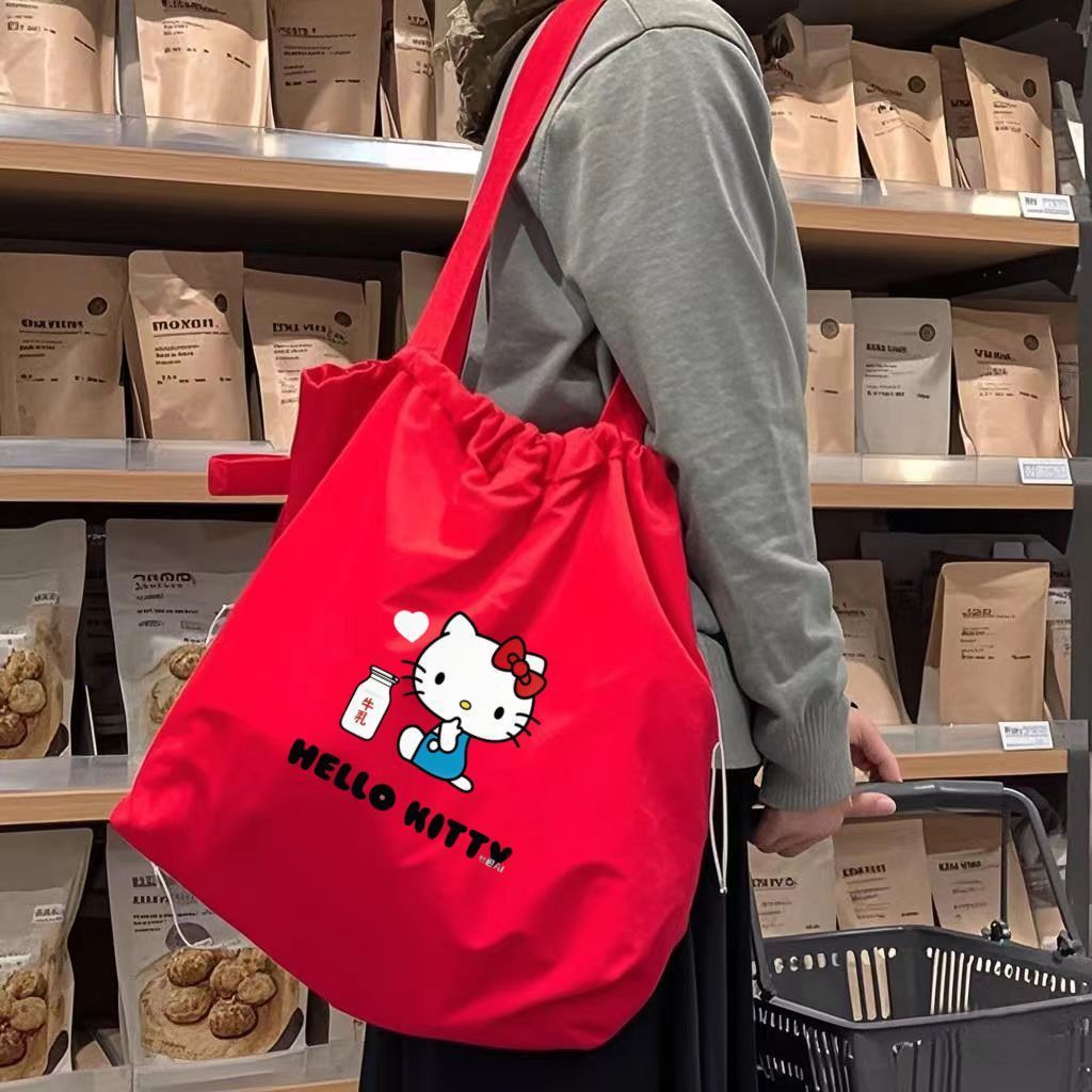 Cute Cartoon Tote Bag with Hello Kitty Print, Large Capacity Soft Canvas Shoulder Bag for Students and Daily Use
