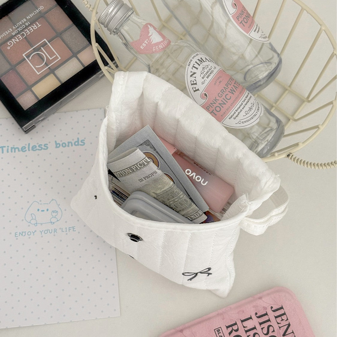 Sweet Embroidered Bow Pouch for Menstrual Products and Daily Essentials, Cute and Portable Design with Stitched Details