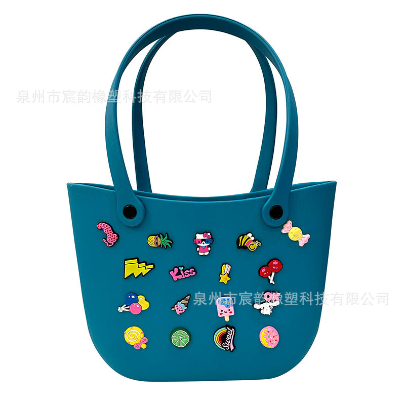Cute Tote Cartoon Badge Women's Handbag Suitable for Beach Hole Rubber Basket
