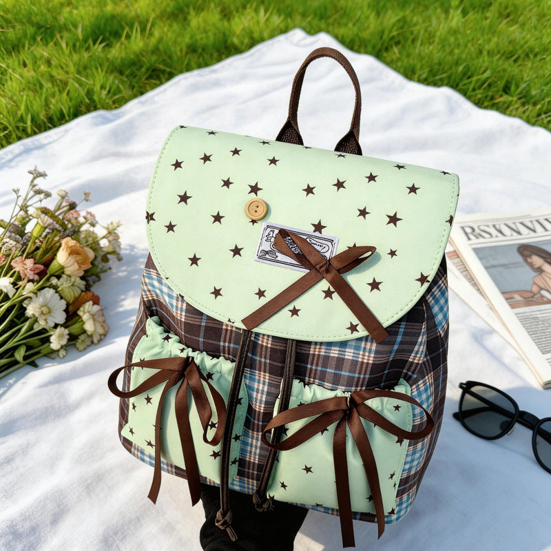Cute Fashion Girly Style Fresh Women's New Sweet Plaid Stitching Design Sense Bow Backpack