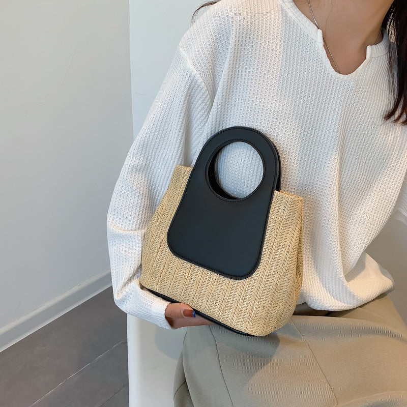 2024 Summer Retro Color-Blocking Woven Tote Bag, Large Capacity Handcrafted Straw Bag, Simple Fashion Shoulder Handbag with Circular Handle