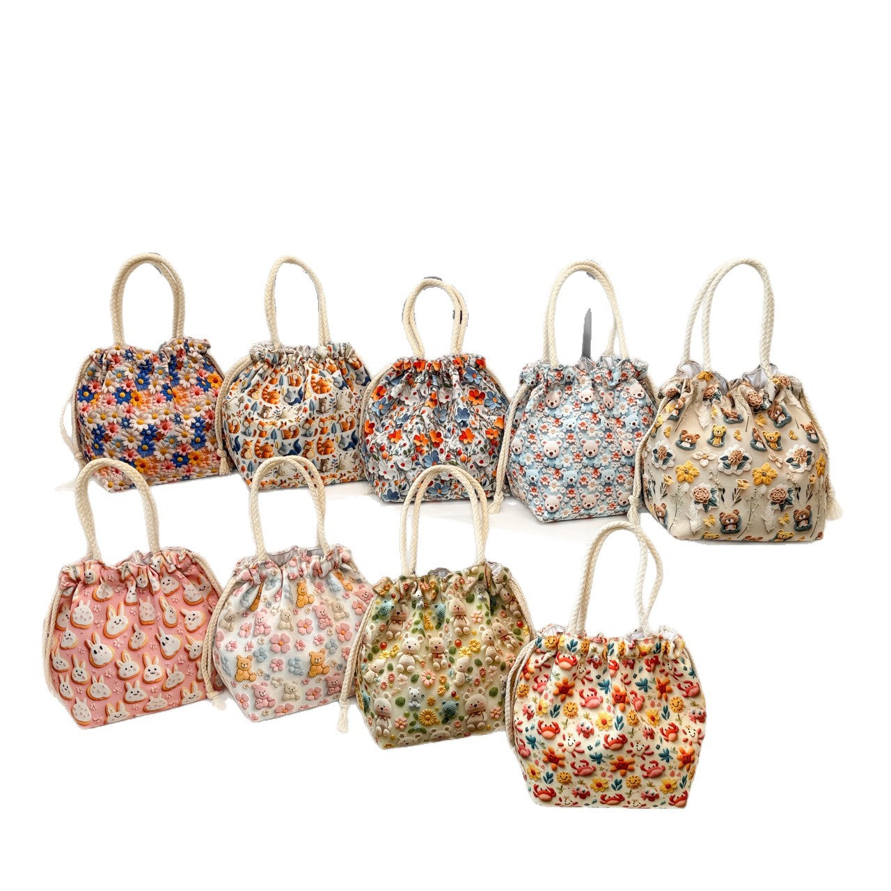 Makeup Bucket Mobile Phone Bag Female Sweet Fresh Pastoral Style Printed Tote Bag Lightweight Drawstring Bundle Bag