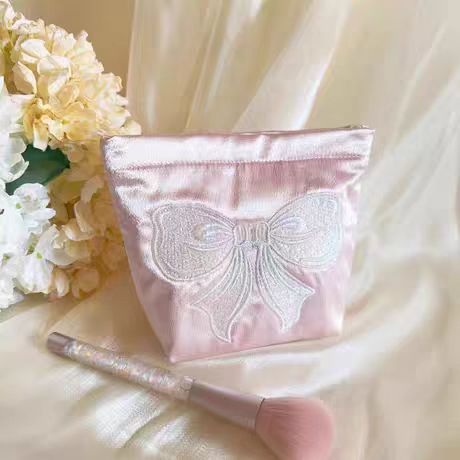 Women's Embroidered Bow Cosmetic Bag Smooth Satin Large Capacity Carrying Case Essential for Daily Travel