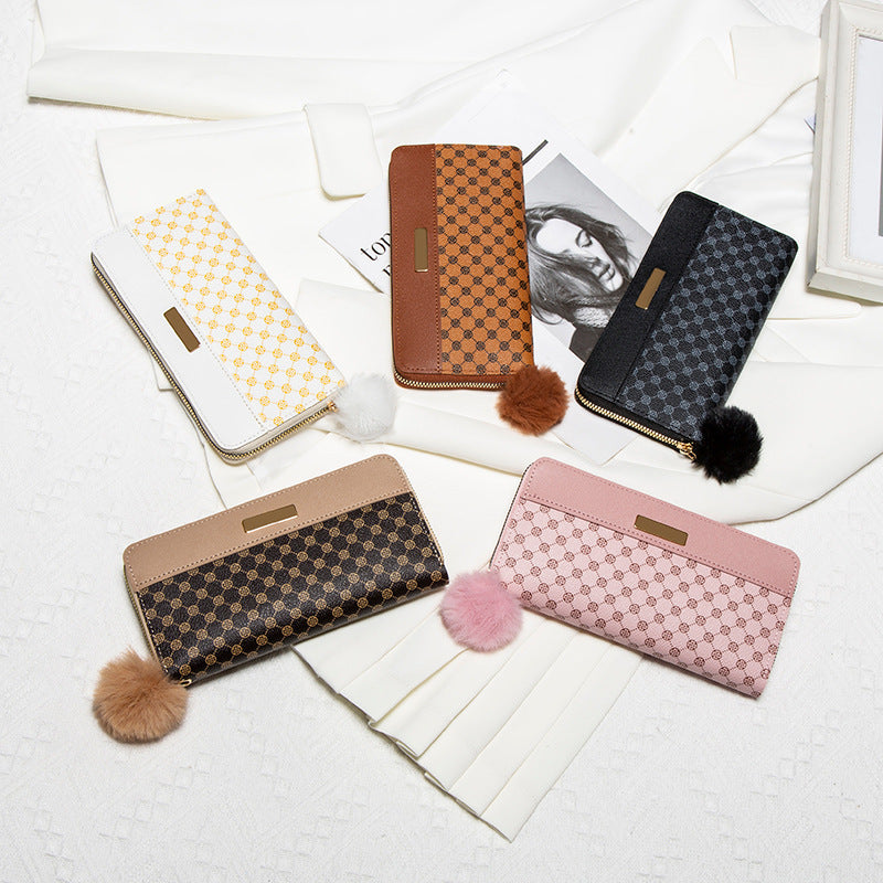 Stylish Long Zipper Wallet with Pom-Pom Charm and Multiple Card Slots for Women