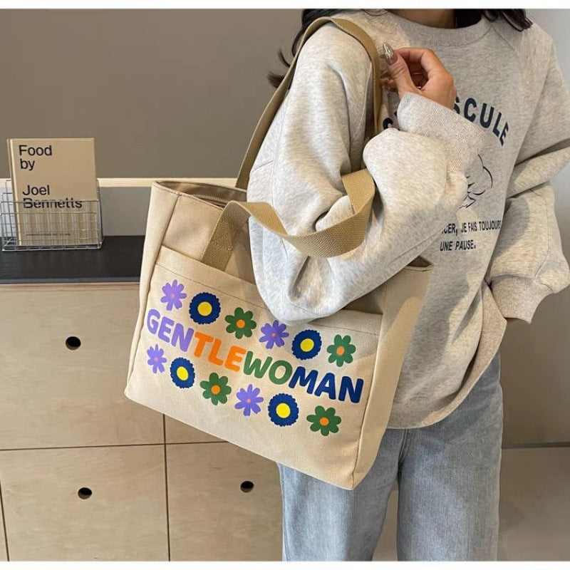 2024 New Large Capacity Tote Bag for Women, Casual Floral Print Canvas Shoulder Bag with Zipper and Inner Pocket, Perfect for Daily Commute and School