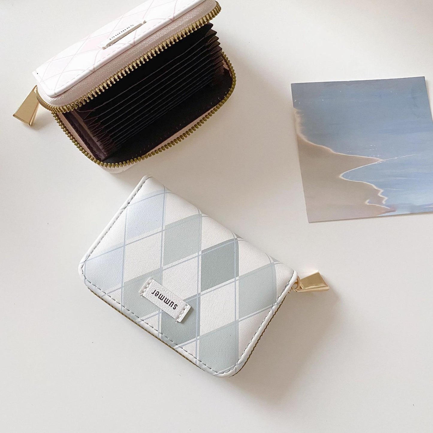 Sea Salt Blue Plaid Women's Short Wallet Special-Interest Design Versatile Bag Large Capacity Expanding Card Holder
