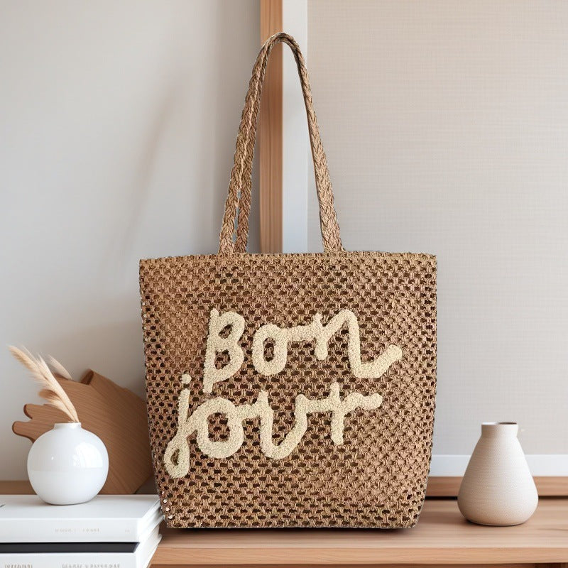 Fashion Letter Embroidery Straw Bag Weaving Hollow Design Vacation Beach Versatile Women's Bag