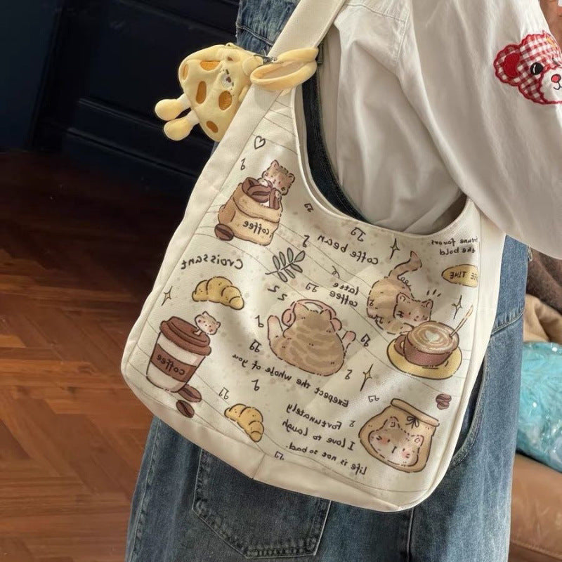 New Cartoon Kitten Shoulder Bag Female Versatile Large Capacity Student Canvas Bag