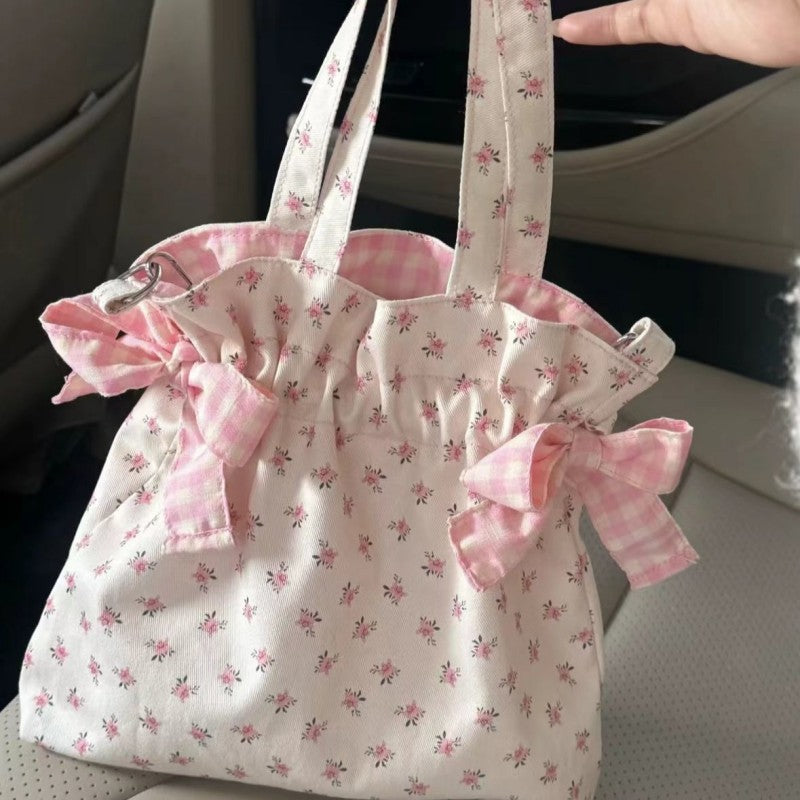 Floral Print Tote Bag with Bow Detail - Versatile Shoulder Handbag for Daily Use and Travel