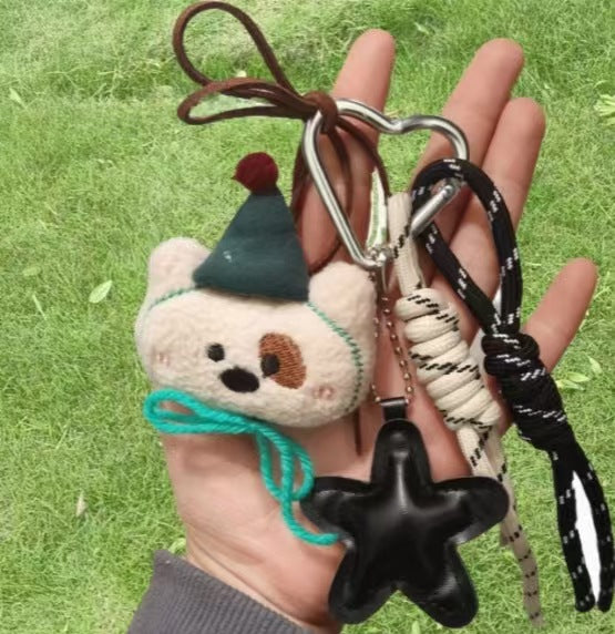 Cute Furry Bear Keychain with Climbing Rope and Star Charm - Adorable Bag Accessory for Fashion Lovers