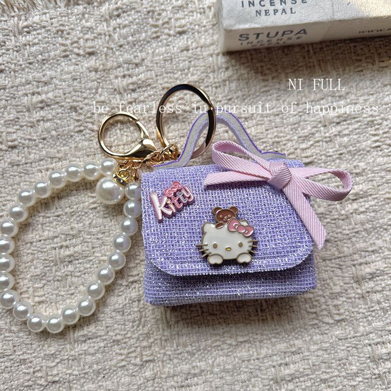 Korean Style New Retro Dots Cartoon Cat Lipstick Pack Pearl Exquisite High Sense Versatile Pendant Keychain for Women