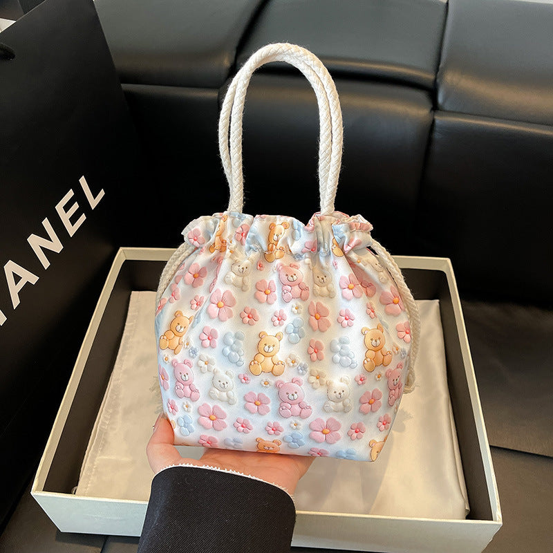 Makeup Bucket Mobile Phone Bag Female Sweet Fresh Pastoral Style Printed Tote Bag Lightweight Drawstring Bundle Bag