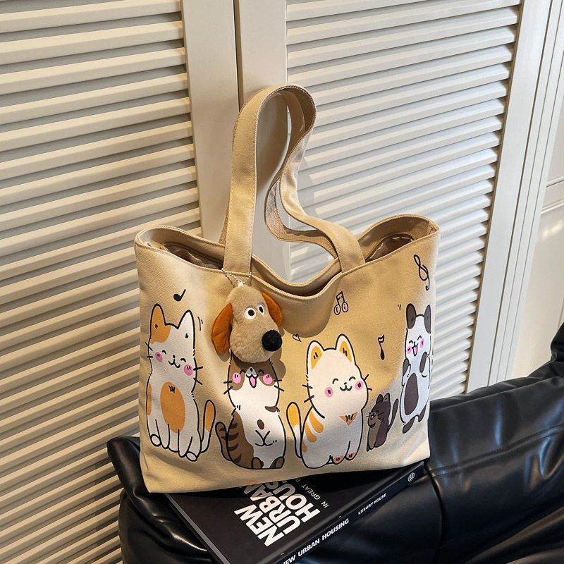 Cute Cat Design Canvas Tote Bag for Women, Large Capacity Shoulder Bag with Cartoon Print and Dog Charm, Perfect for Daily Use and School