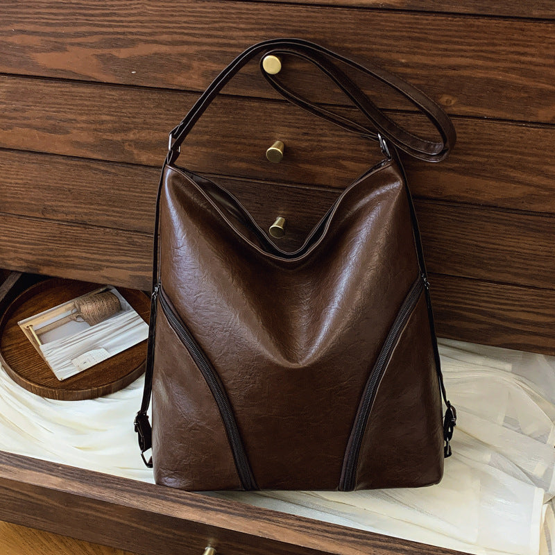 Vintage Fashion Large Capacity Soft PU Shoulder Bag with Zipper Closure and Stylish Stitching Details