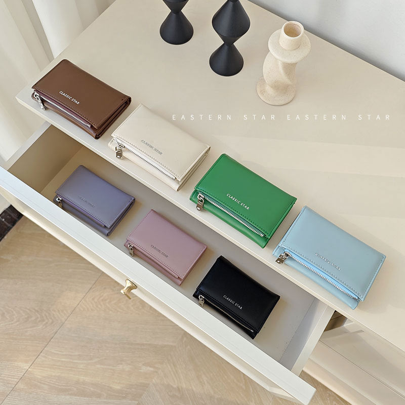 Fashionable Minimalist Zipper Trifold Wallet for Women with Large Capacity and Card Slots, Waterproof and Antibacterial PU Leather Design