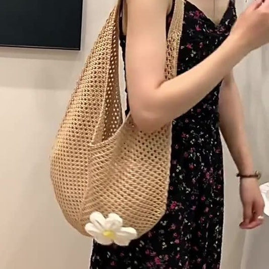 Women's Shoulder Bag Beach Bag Fashionable Knitted Flower Tote Bag Women's Casual Beach Travel Sling Bag Large Capacity Woven Bag