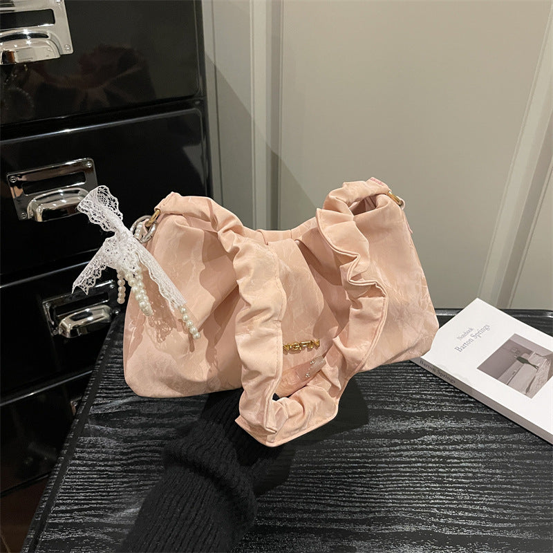 Summer Solid Color Pleated New Western Style Fashion Bowknot Chain Crossbody Handbag for Women