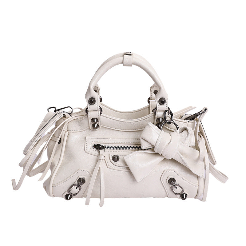 Retro Rivet Moto Bag Women's Fashion 2026 Trendy Small Crossbody Handbag with Tassel Details