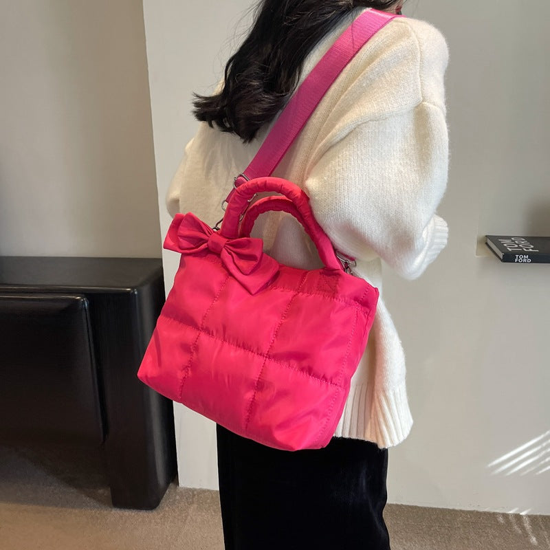 Women's Shoulder Bag Large Capacity Rhombus Solid Color Minimalist Bowknot New Astronaut Bag Cotton Jacket Bag