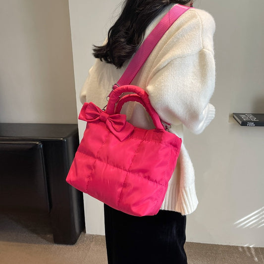 Women's Shoulder Bag Large Capacity Rhombus Solid Color Minimalist Bowknot New Astronaut Bag Cotton Jacket Bag