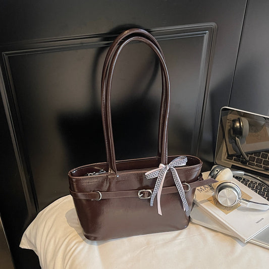 2025 Autumn New Korean Style Elegant Tote Bag with Checkered Bow, Simple Casual Shoulder Bag for Daily Commute