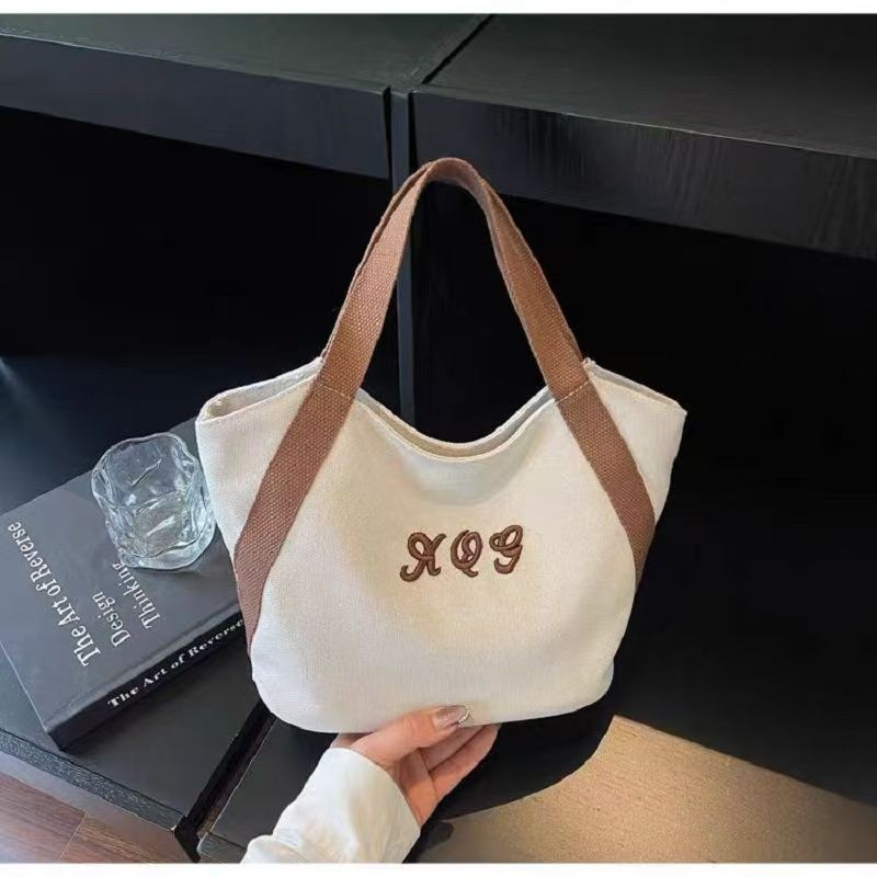 2025 New Simple Canvas Tote Bag with Embroidery Design for Daily Commute and Lunch Carry