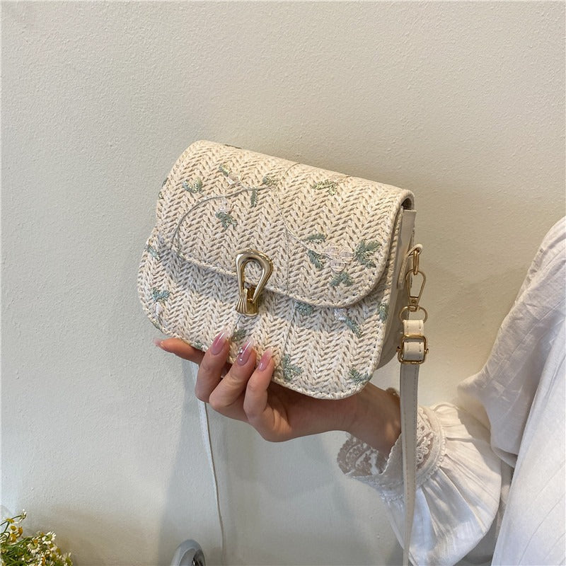 Chic Embroidered Woven Crossbody Bag for Women, Fashionable Casual Style with Golden Clasp and Adjustable Strap