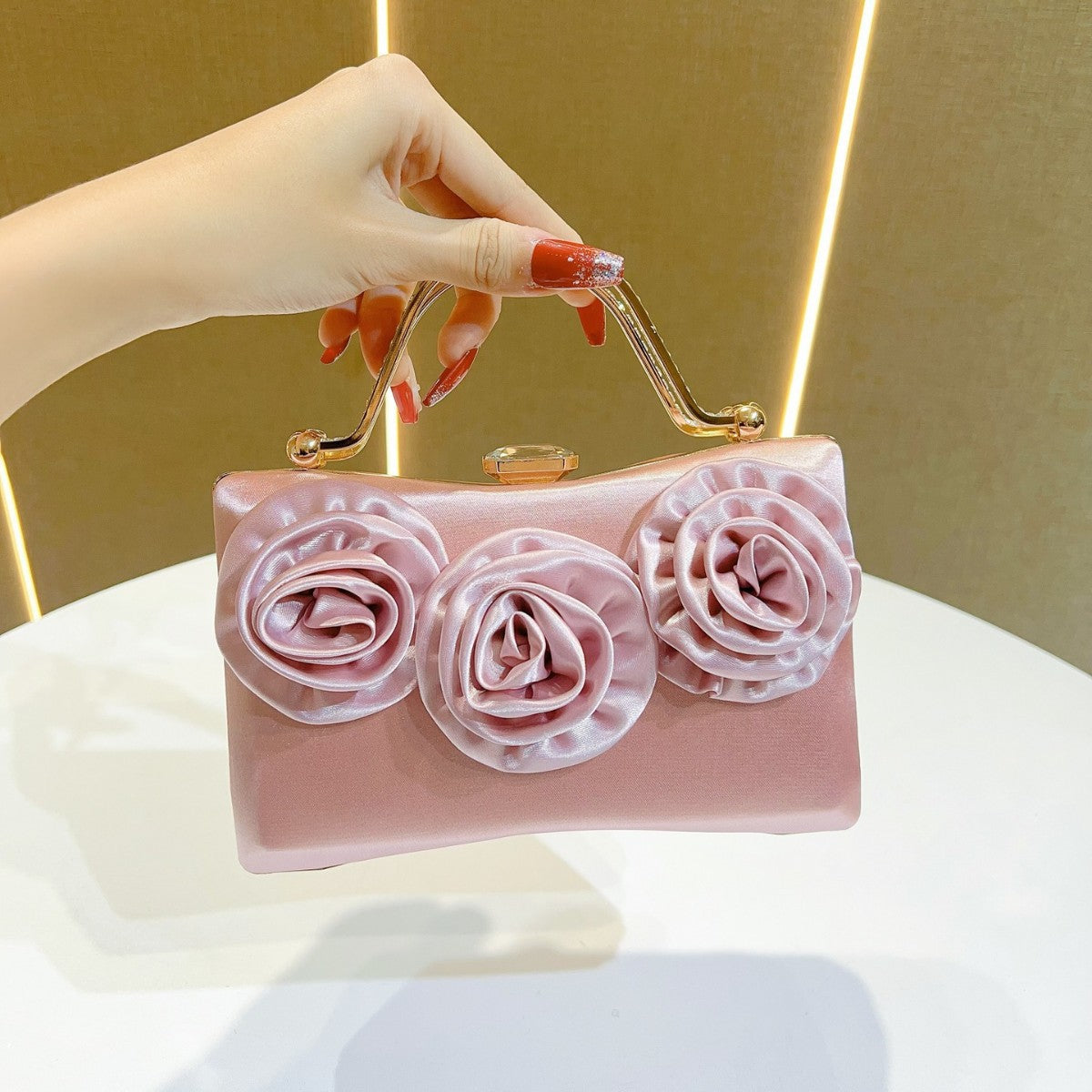 Elegant Floral Satin Clutch Bag with Gold Handle for Party and Evening Events