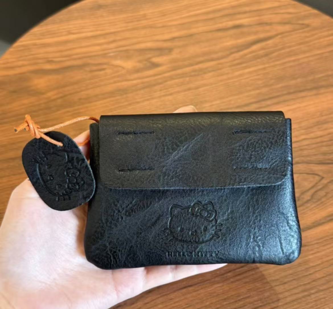 Hello Kitty Handmade Leather Coin Purse with Embossed Design, Compact Card Holder for Earphones and ID Cards, Stylish Daily Accessory