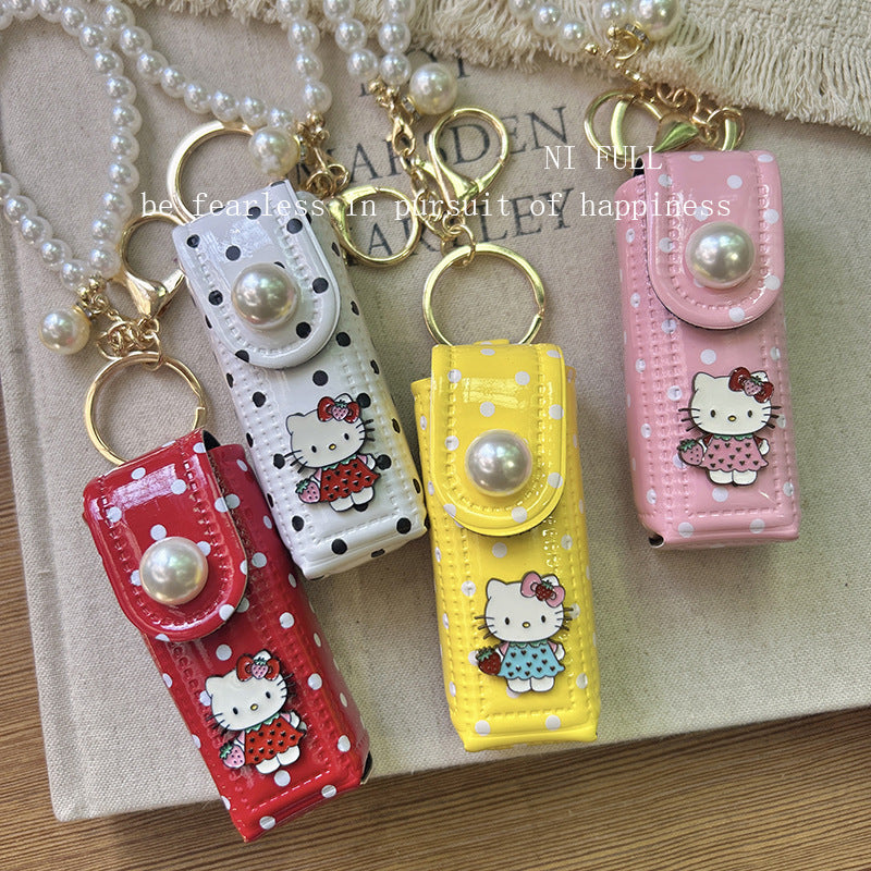 Korean Style New Retro Dots Cartoon Cat Lipstick Pack Pearl Exquisite High Sense Versatile Pendant Keychain for Women
