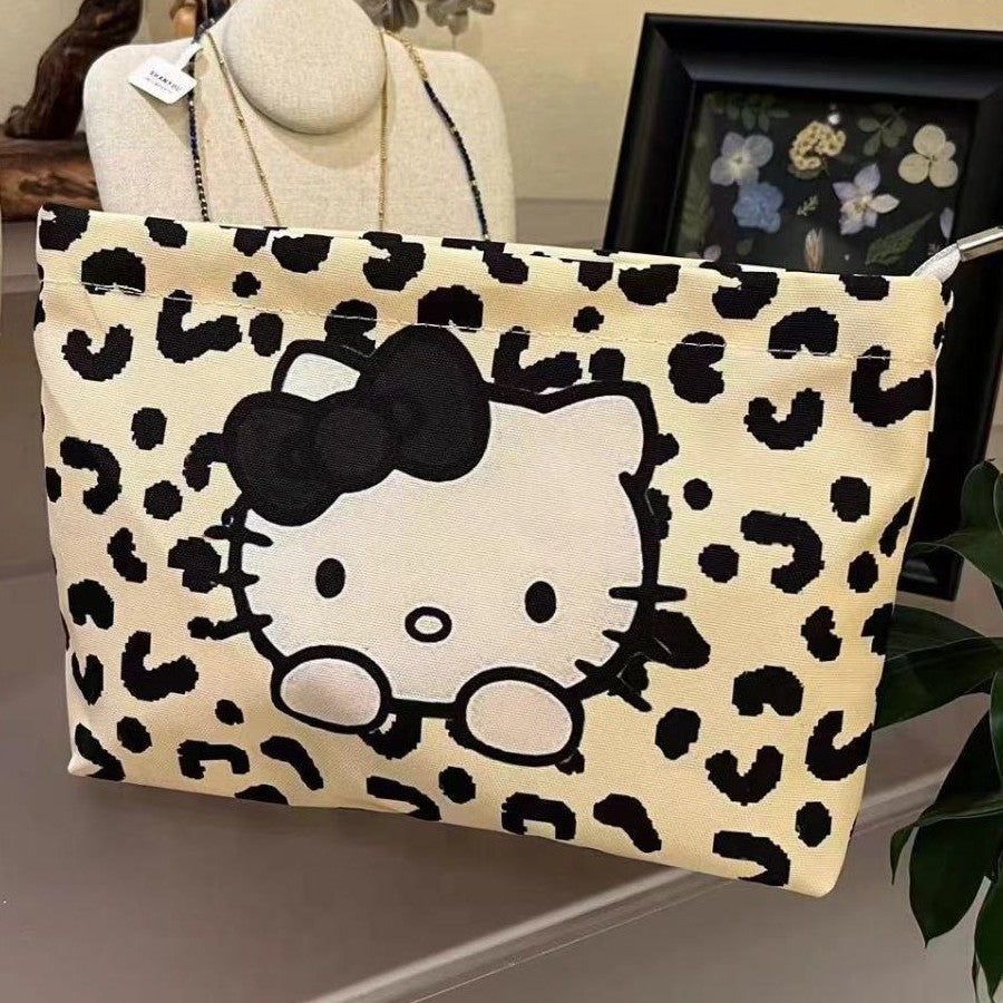 Cute Leopard Print Hello Kitty Women's Cosmetic Bag Zipper Closed Lightweight Portable Daily Storage