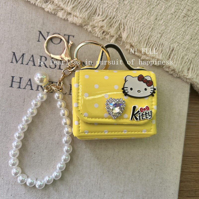 Korean Style New Retro Dots Cartoon Cat Lipstick Pack Pearl Exquisite High Sense Versatile Pendant Keychain for Women
