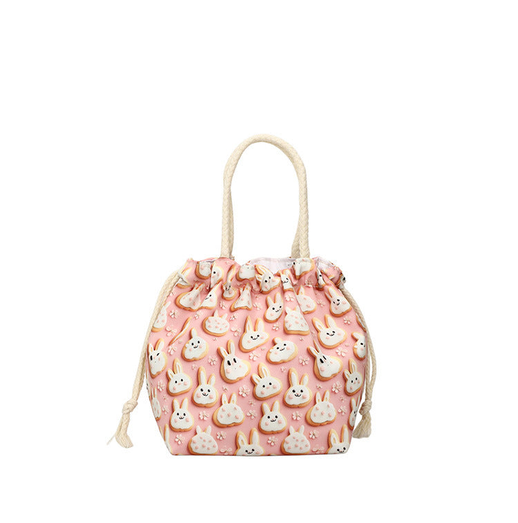 Makeup Bucket Mobile Phone Bag Female Sweet Fresh Pastoral Style Printed Tote Bag Lightweight Drawstring Bundle Bag