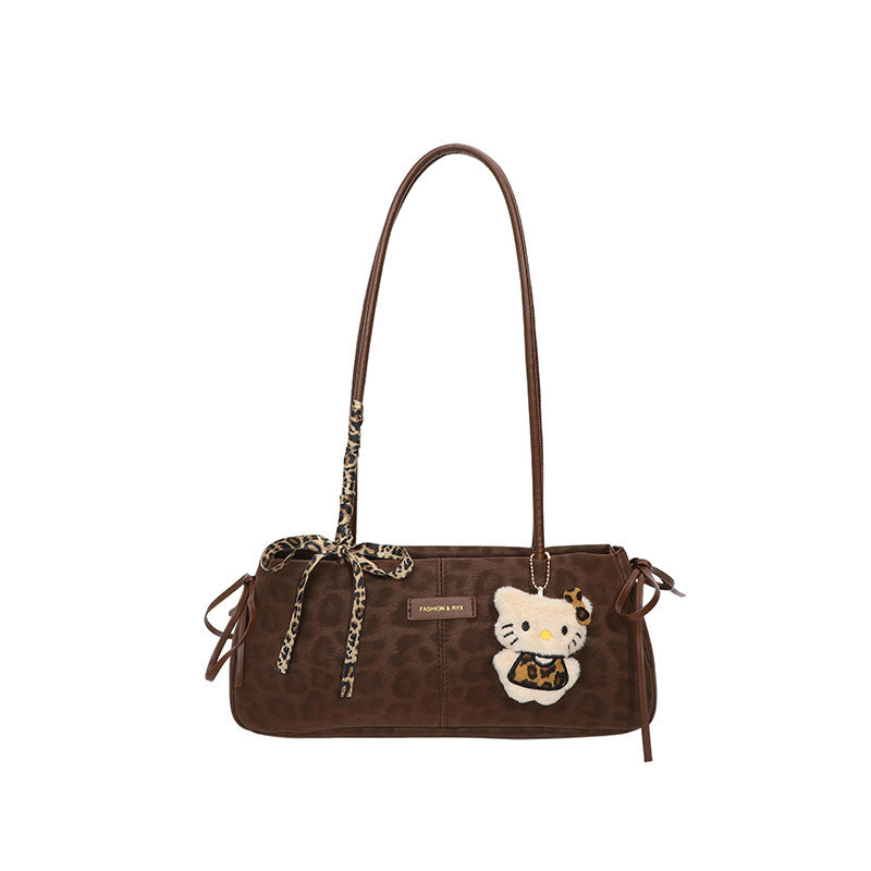 Vintage Leopard Print Shoulder Bag for Women 2025 New Fashion Large Capacity Crossbody Bag with Hello Kitty Embroidery