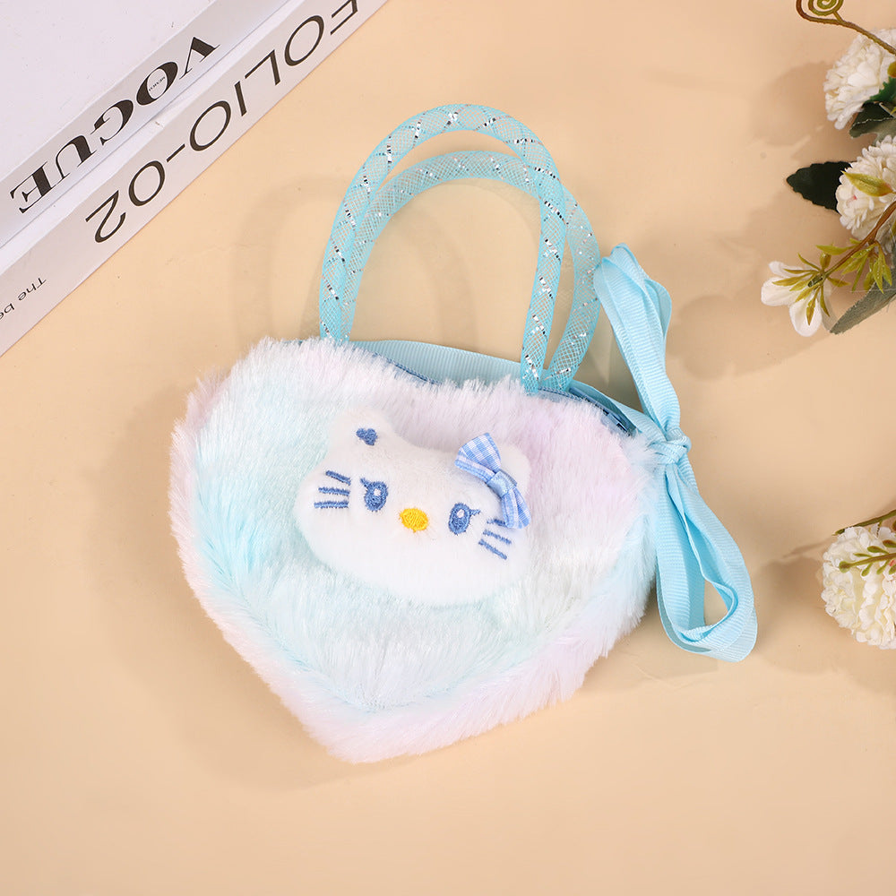 Cute Cartoon Kitty Fuzzy Heart-Shaped Backpack for Kids, Soft Plush Design with Bow Handle, Perfect for Daily Use and Storage