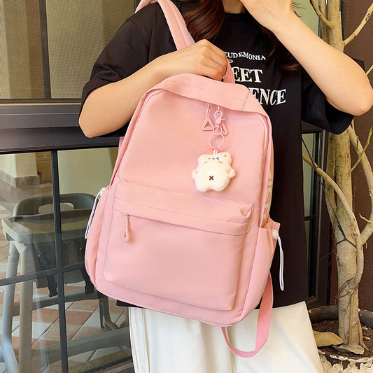 Stylish High-Capacity Backpack for Teen Girls, Japanese Casual Design with Cute Plush Charm and Durable Nylon Material