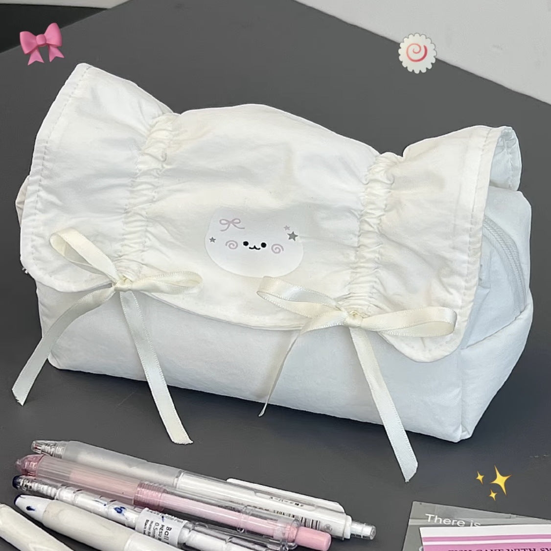 Cute Cat Design Zipper Pencil Case with Bowknot, Large Capacity, High-Style Student Stationery Bag for Girls